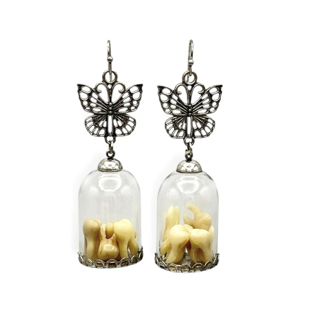 Butterfly Tooth‎ Earrings Fairy Capsule Dangle Drop Halloween Y2k Teeth Silver